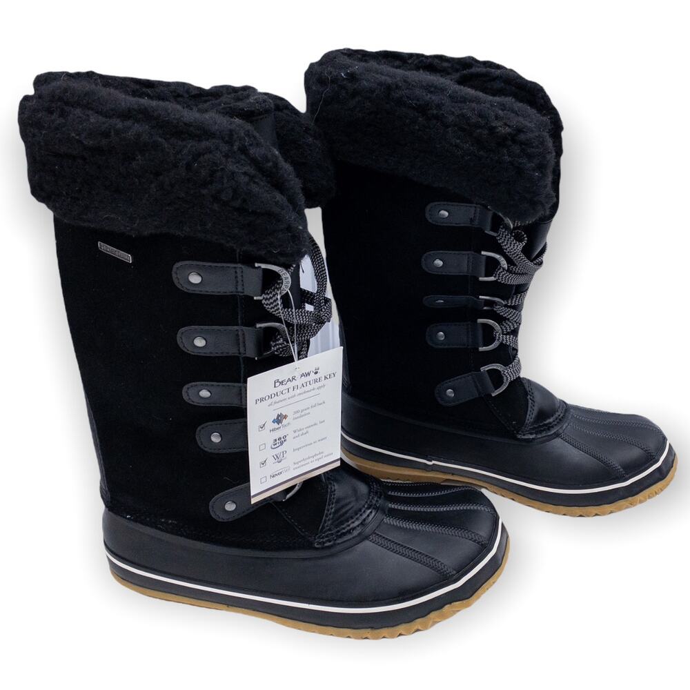 BEARPAW Denali Suede Shearling Cuff Accent Winter Duck Boots Black 10 Women's